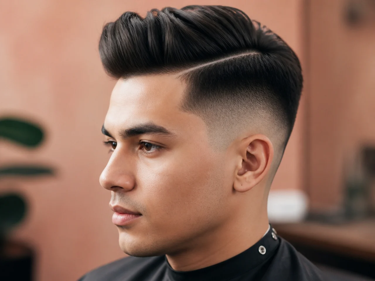 Quiff fade with a razor-cut hard part line and lifted front over a mid fade