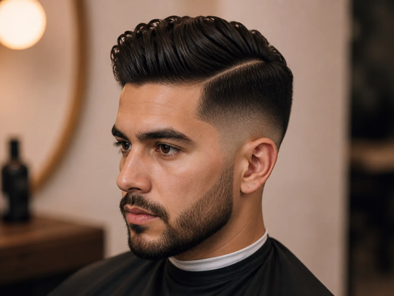 Side-part quiff fade with a natural comb line and lifted front over a mid fade