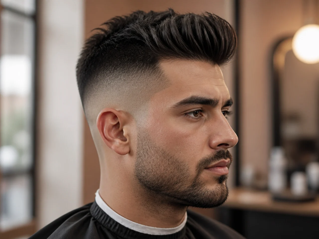Skin fade quiff — bald fade dropping to razor-clean skin under a lifted textured top