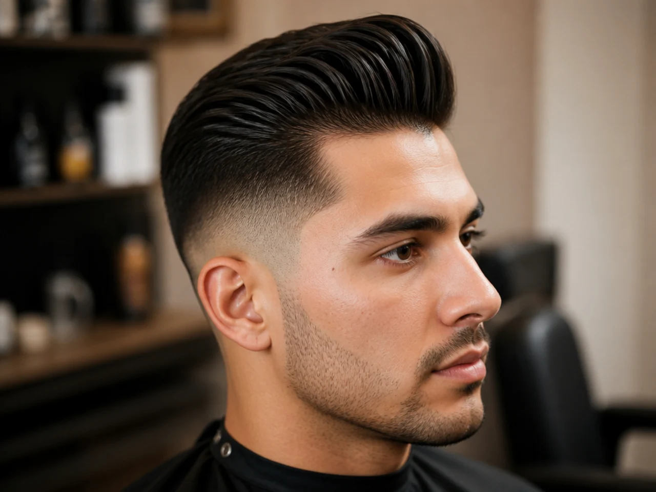 Slick pomaded quiff fade — high-shine combed top swept up and back over a low fade
