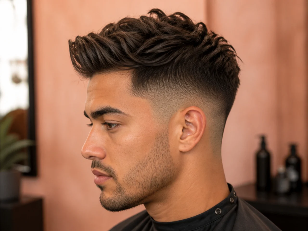 Textured quiff fade — matte piecey top with visible movement over a mid fade