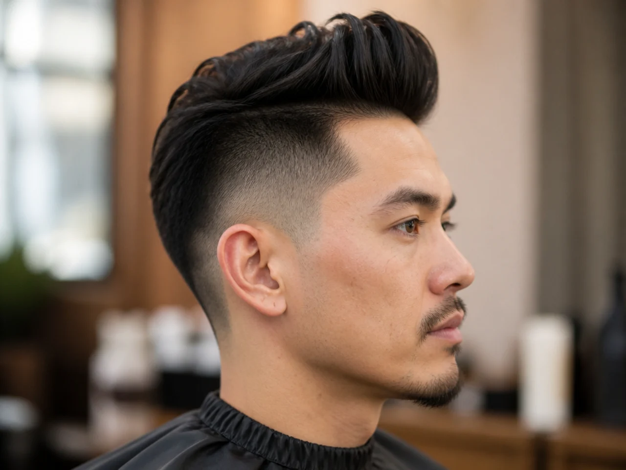Undercut quiff fade — sharp disconnect between long top and short fade with no blend