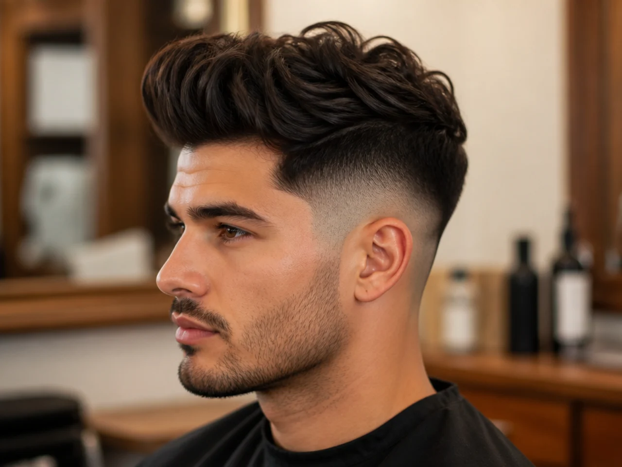 Wavy quiff fade — soft natural waves lifted at the front over a low fade