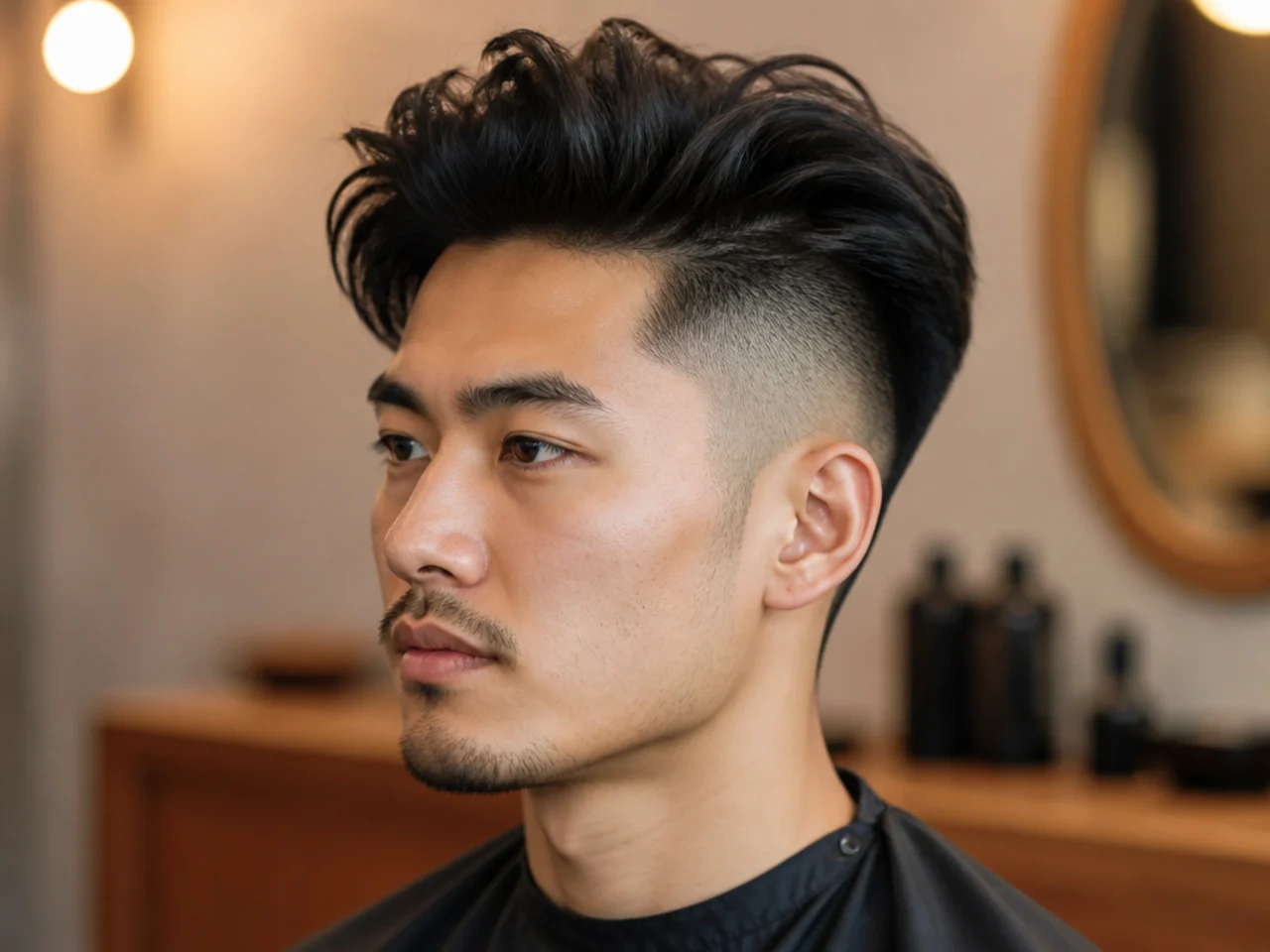 Undercut Asian quiff with disconnected sides and 6-inch top sweep