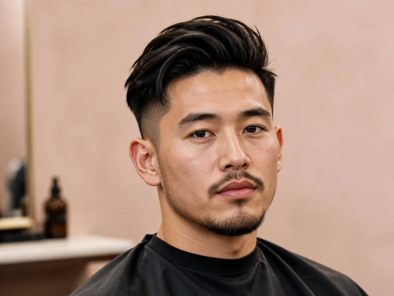 Side-swept Asian quiff with a soft diagonal front sweep and low taper