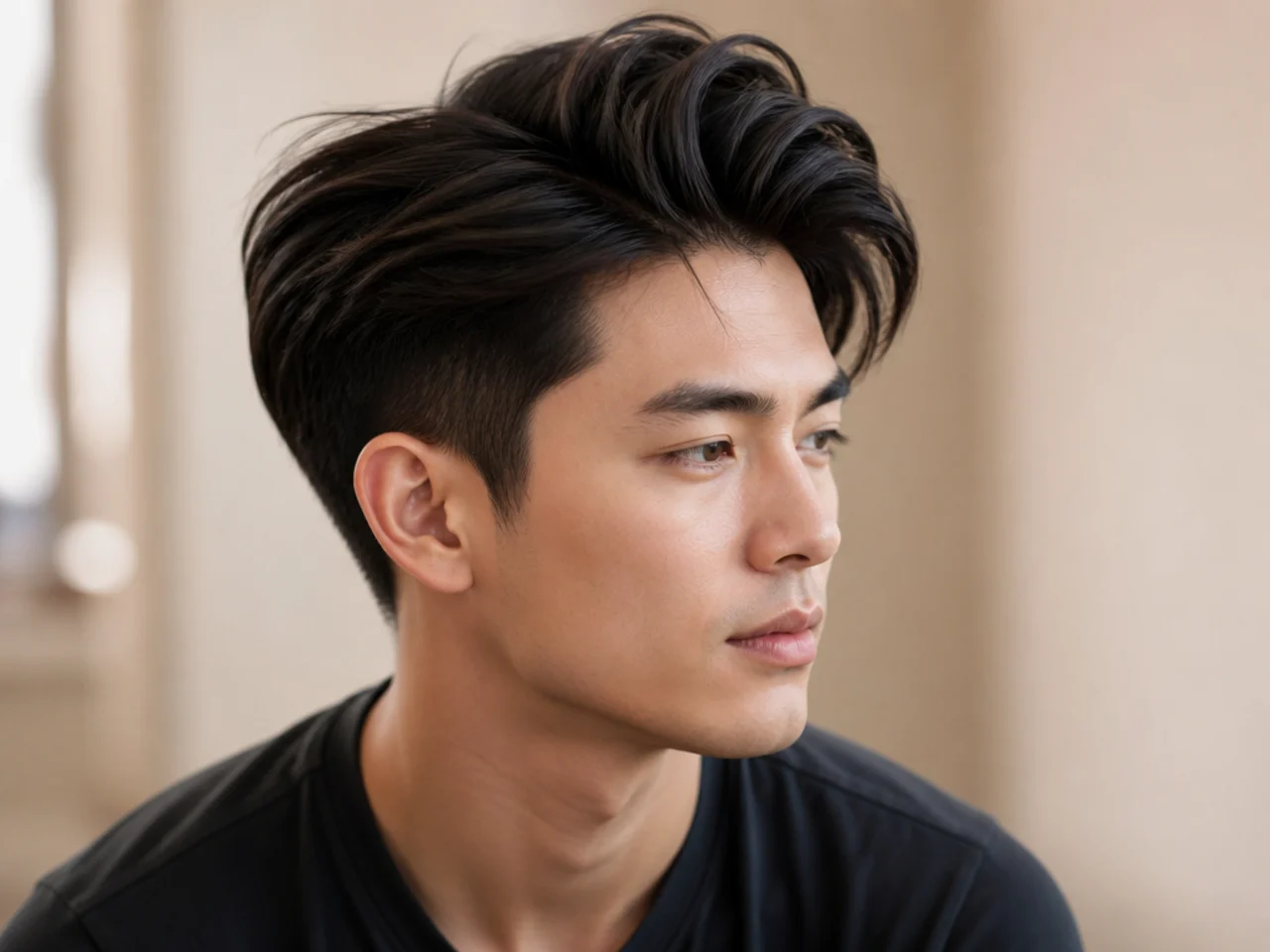 Long Asian quiff with 7-inch front, layered crown, and dramatic sweep back