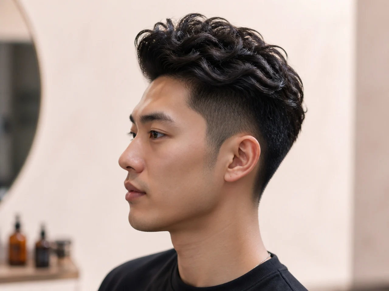 Permed Asian quiff with soft C-curl front, natural volume, low taper sides