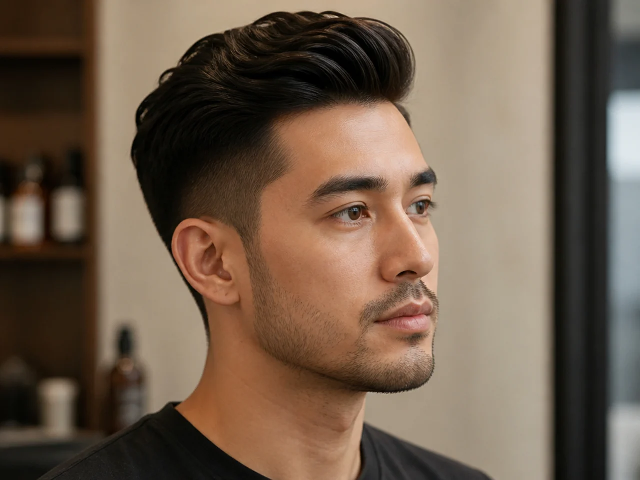 Asian quiff paired with light stubble and a mid fade — editorial finish