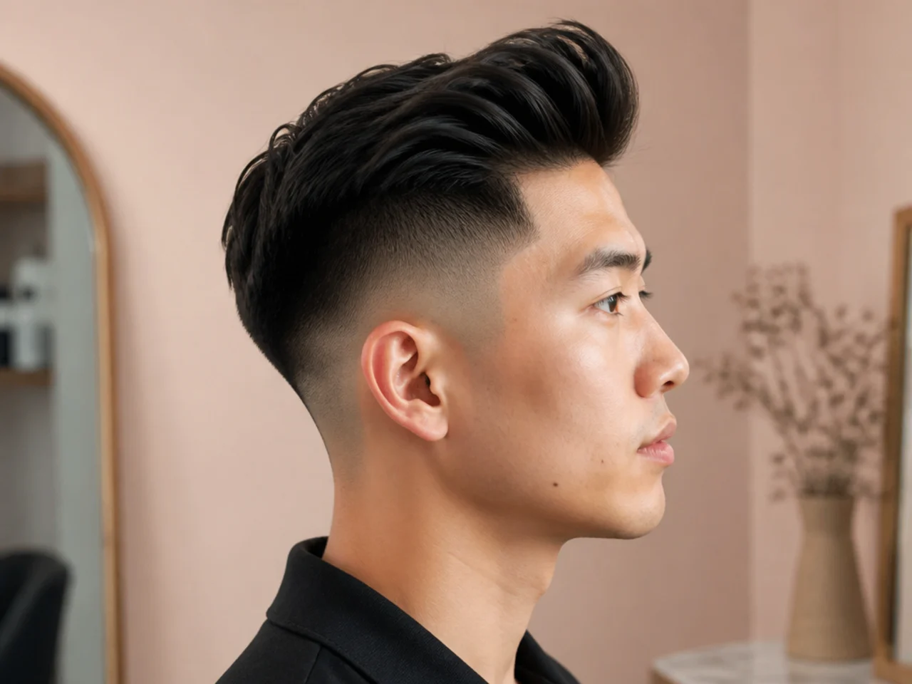 Modern skin fade Asian quiff with sharp high fade, matte textured top, editorial finish