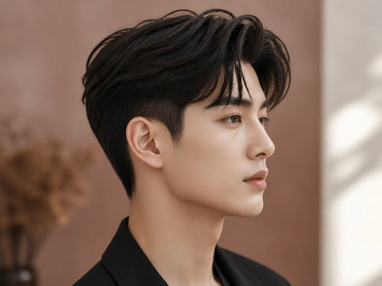 K-pop idol quiff on a Korean man with soft front curl, longer top, and scissor-blended sides