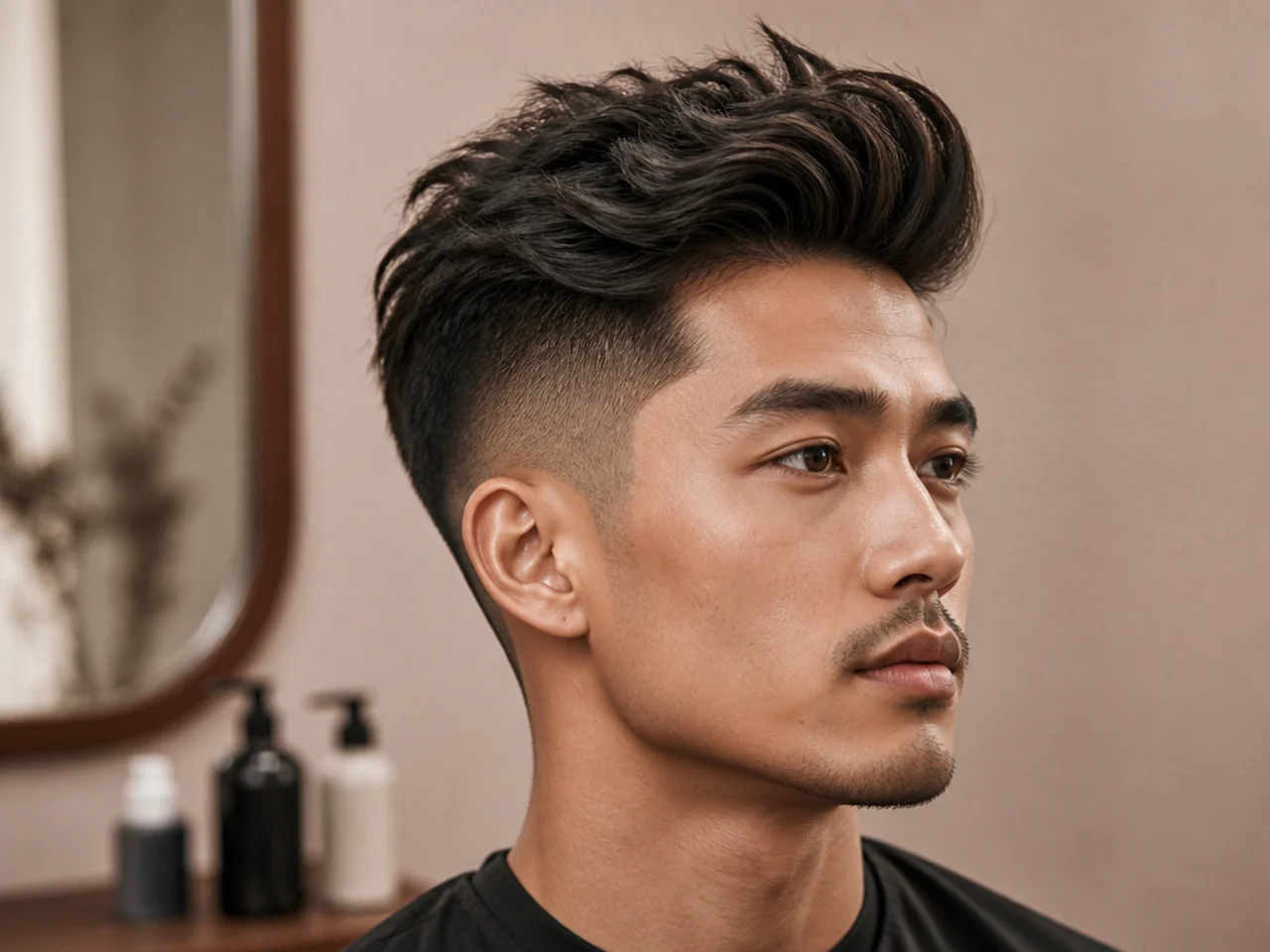 Textured Korean quiff with point-cut layers, matte finish, and low taper sides on an Asian man