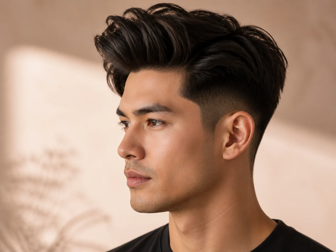 Two block quiff hybrid — long top, clipper-buzzed under-layer at sides, front swept up and back