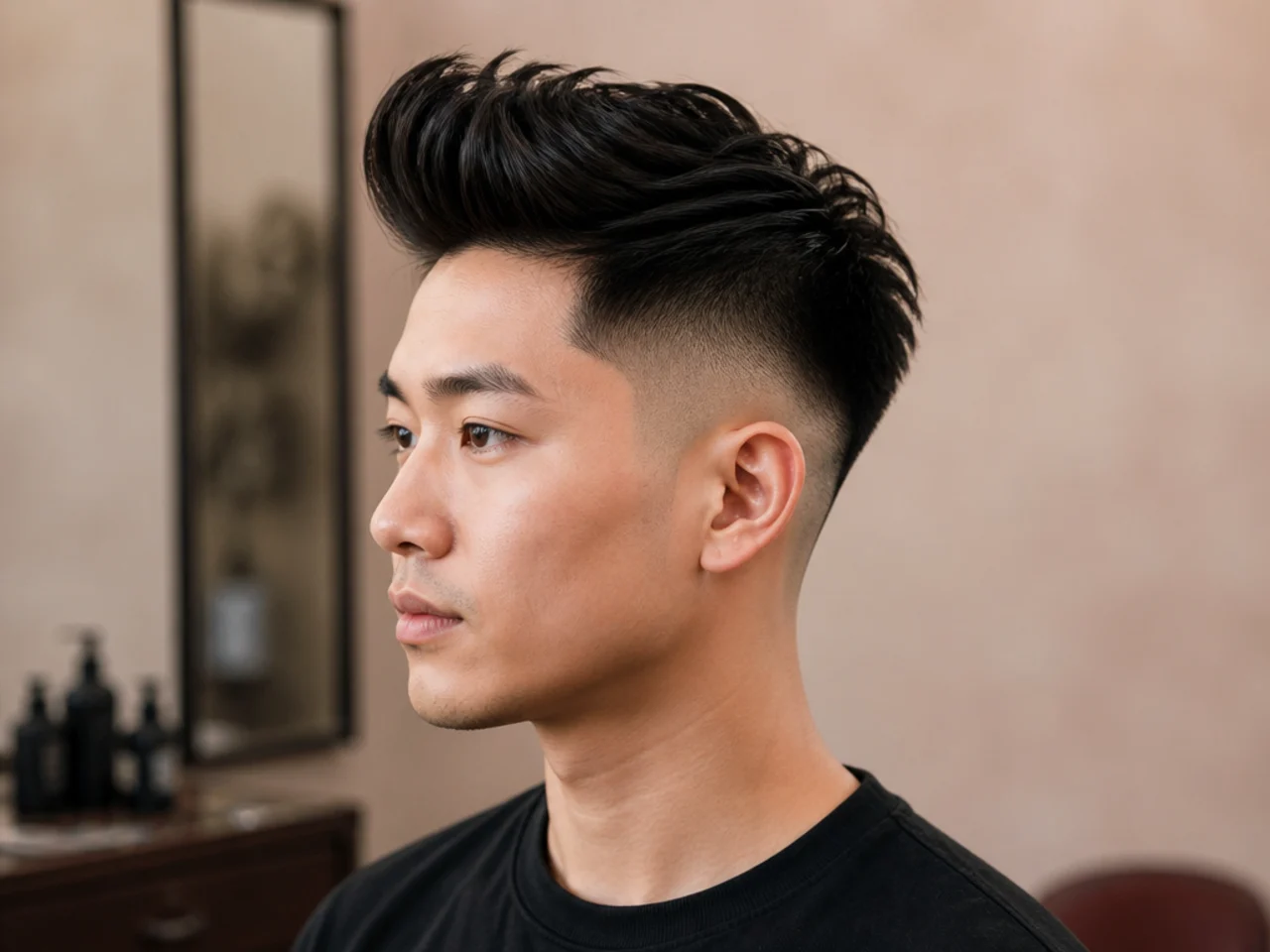 Asian quiff with mid fade — glossy black hair lifted at the front, sharp mid-temple fade line
