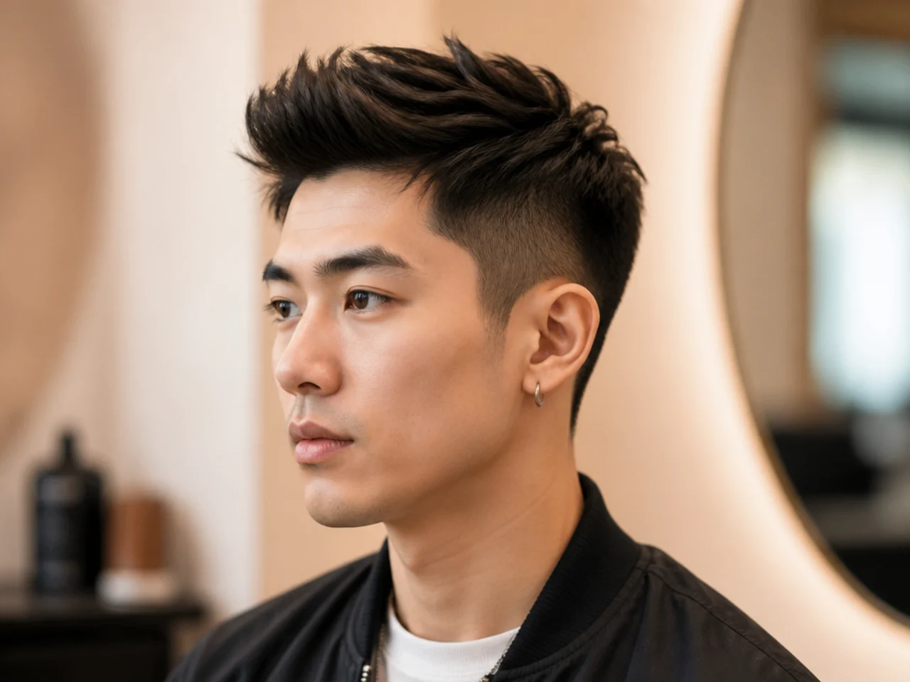 Short Asian quiff with 3 inches on top, clean taper sides, glossy black hair