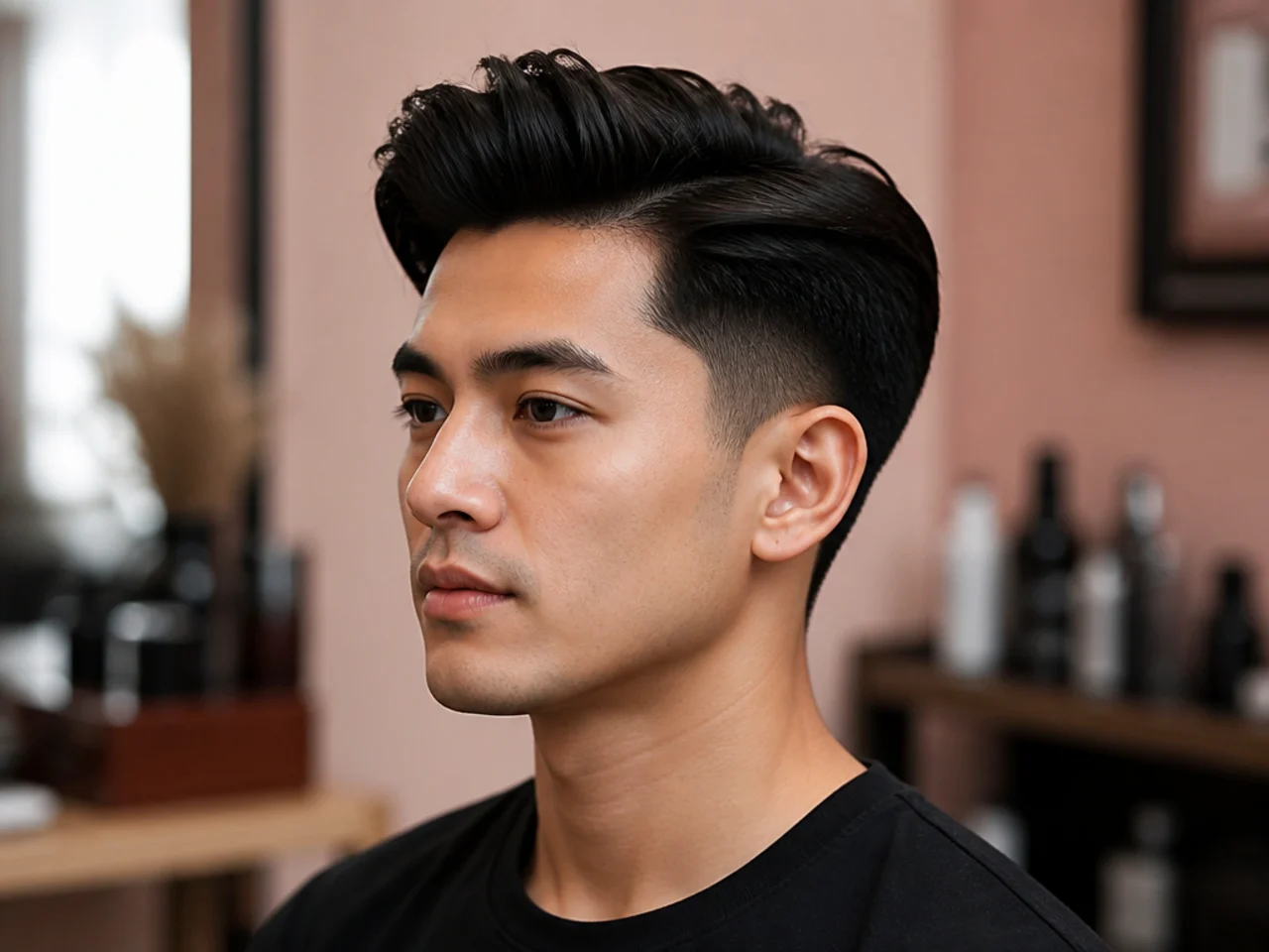 Asian quiff with low taper — soft-taper sides sitting just above the ear, longer top