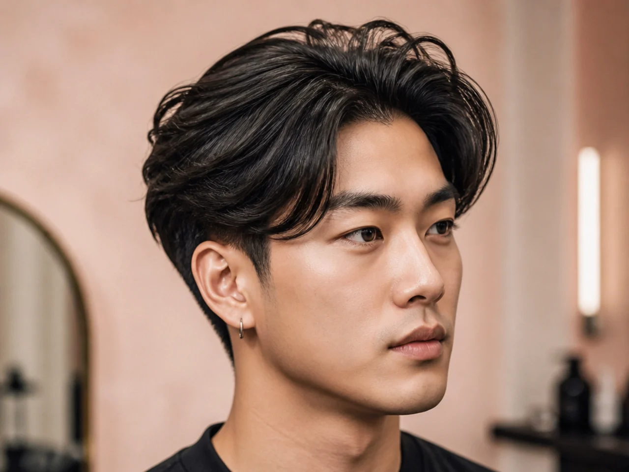 Curtain front Asian quiff with soft middle-part fringe and lifted crown