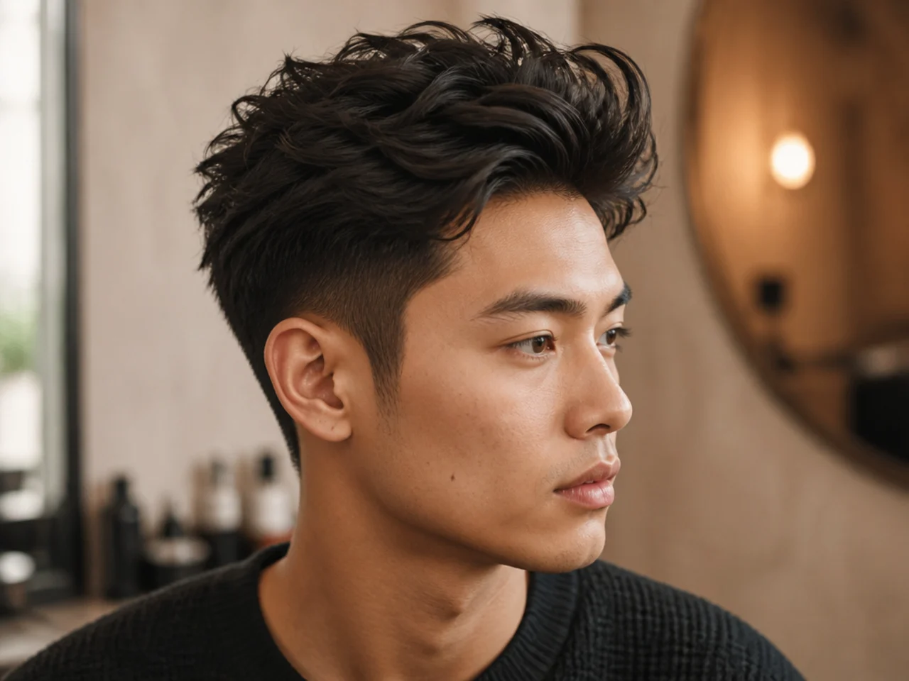 Messy Asian quiff with point-cut layers, tousled matte finish, low fade sides