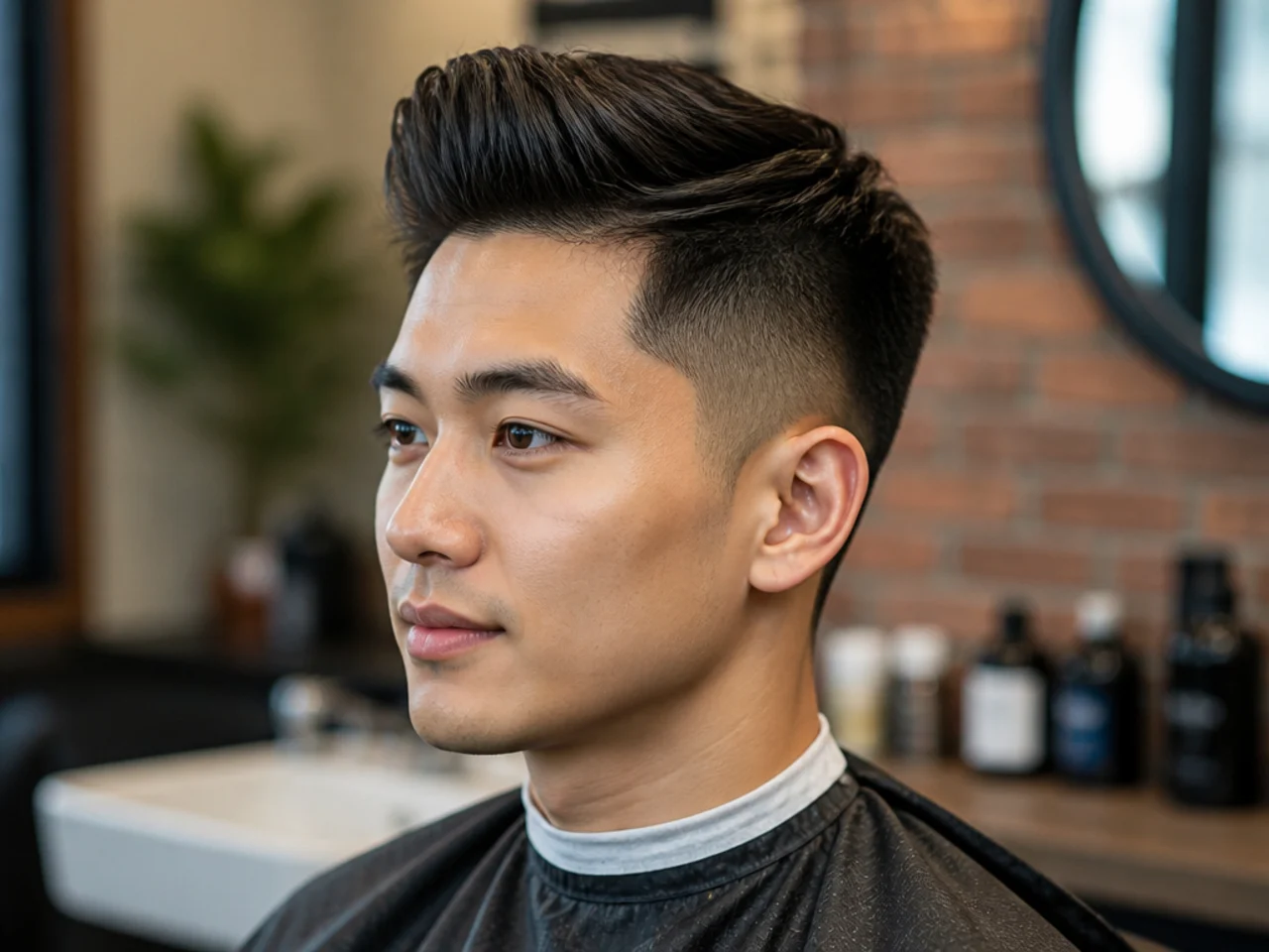 Asian man in barber chair with photo reference showing a modern K-pop quiff