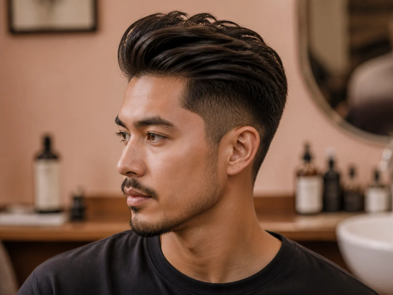 Styling products for an Asian quiff — matte cream, sea-salt spray, light hold pomade on a wooden counter