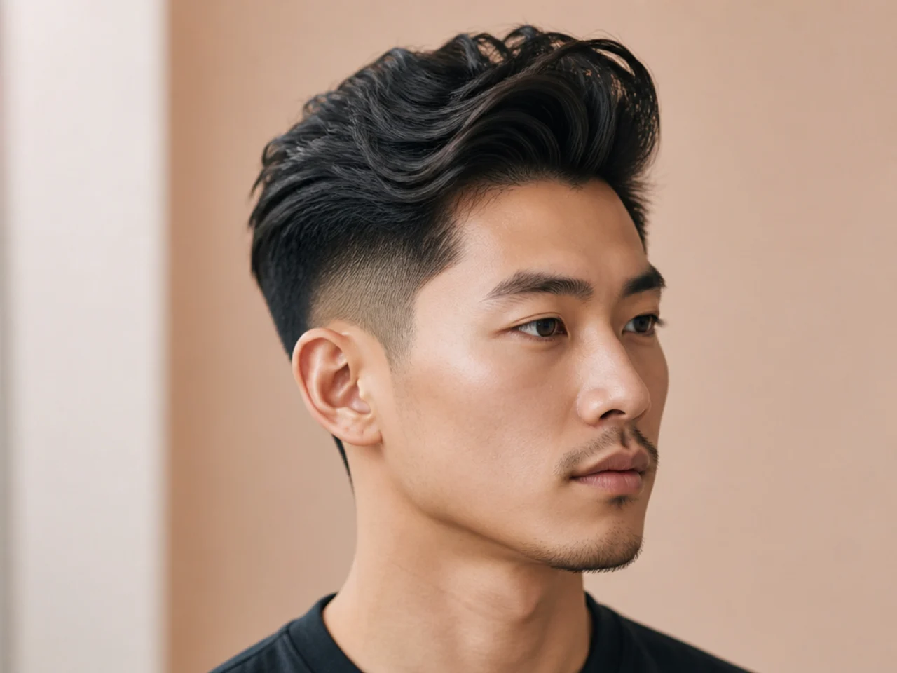 Asian quiff on a young Korean man with 5 inches on top and scissor-blended sides