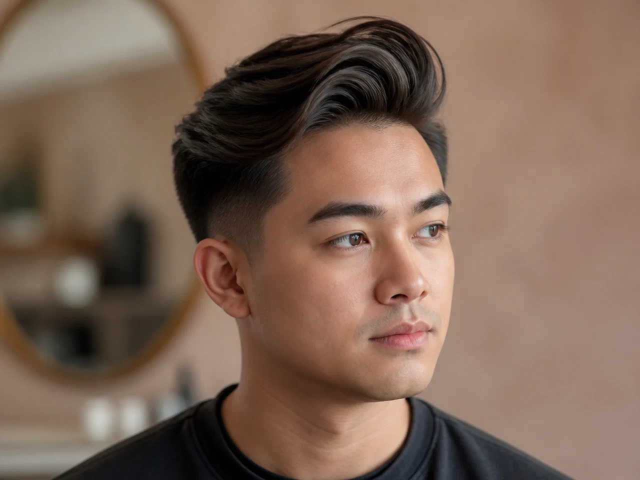 Three-quarter view of a quiff swept up and diagonally to one side on a round-face model