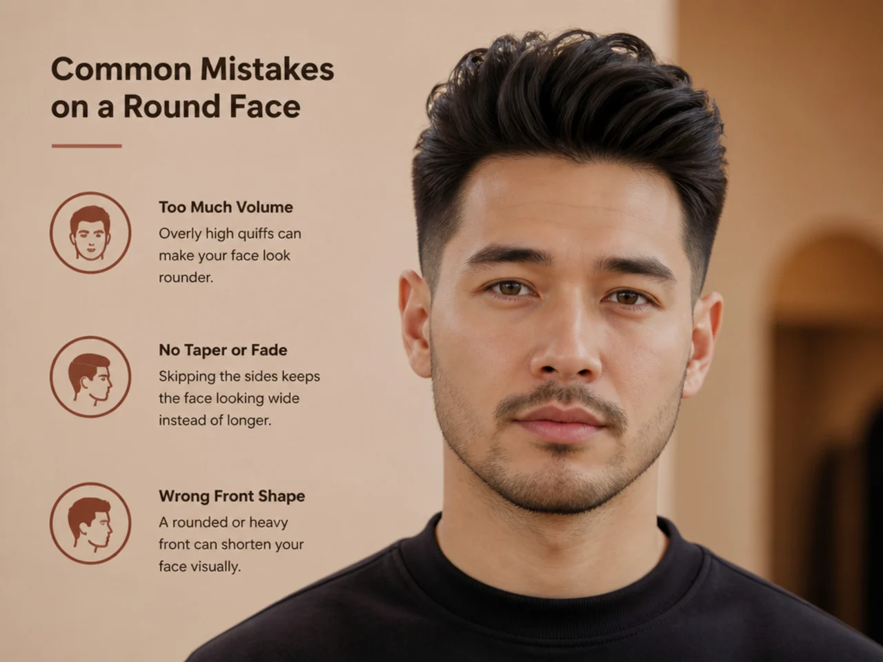 Two side-by-side photos of a round-face man with a flat wide quiff and a properly lifted quiff for contrast