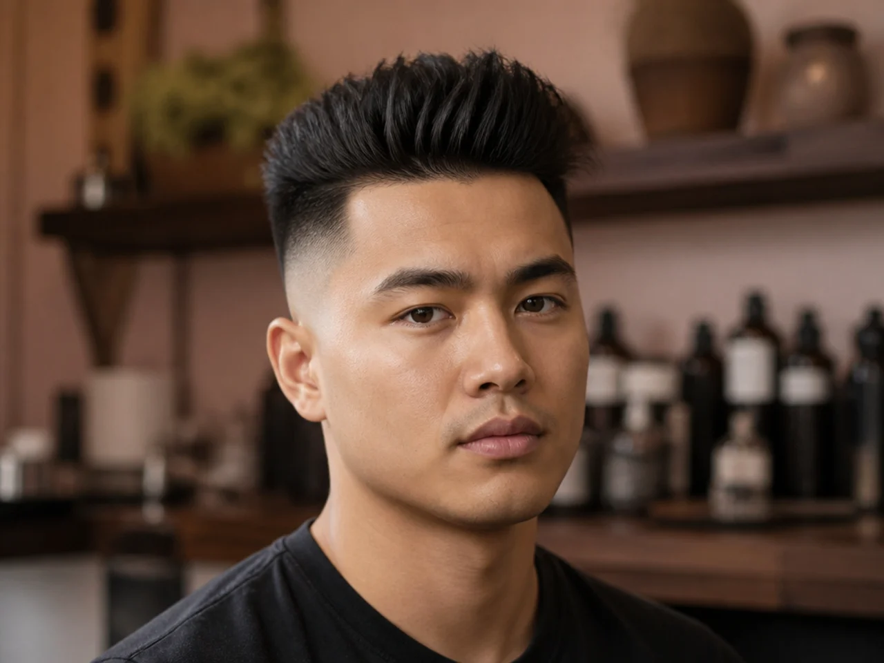 Barber consulting with a round-face client, holding a reference photo of a mid-fade quiff