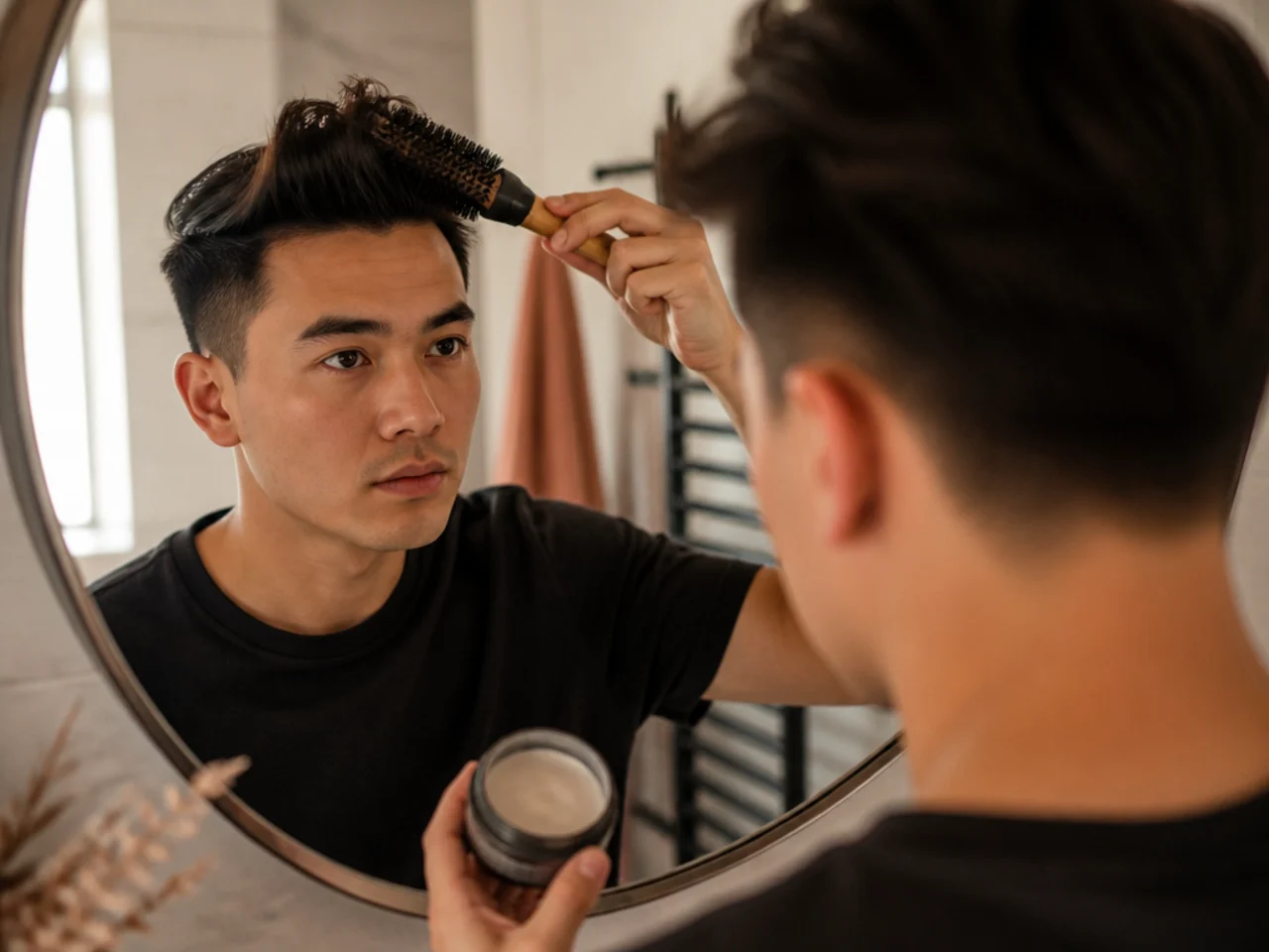 Round-face man styling a quiff at home with a round brush and matte clay in front of a bathroom mirror