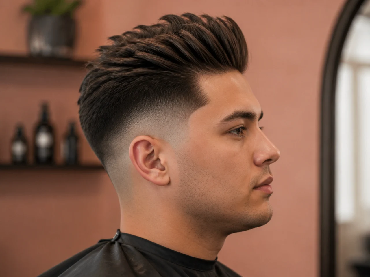 Side profile of a round-face model with mid fade tightening the width at the cheekbone