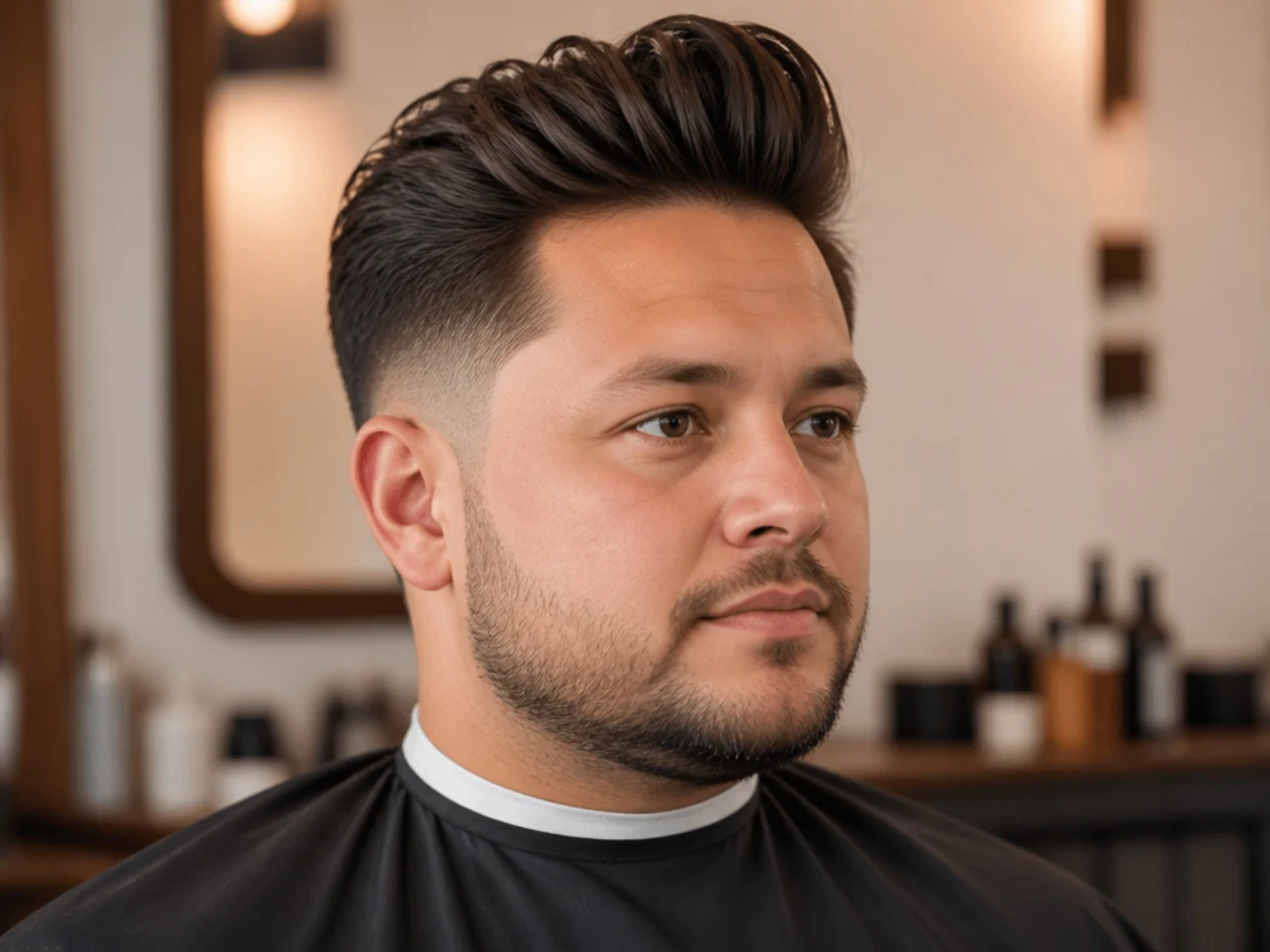Round-face man with quiff and short beard scaffolded at the jaw