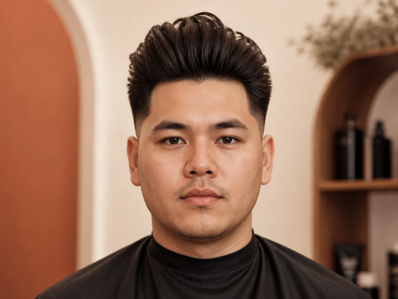 Front-facing photo of a round-face man with a tall lifted quiff at the hairline