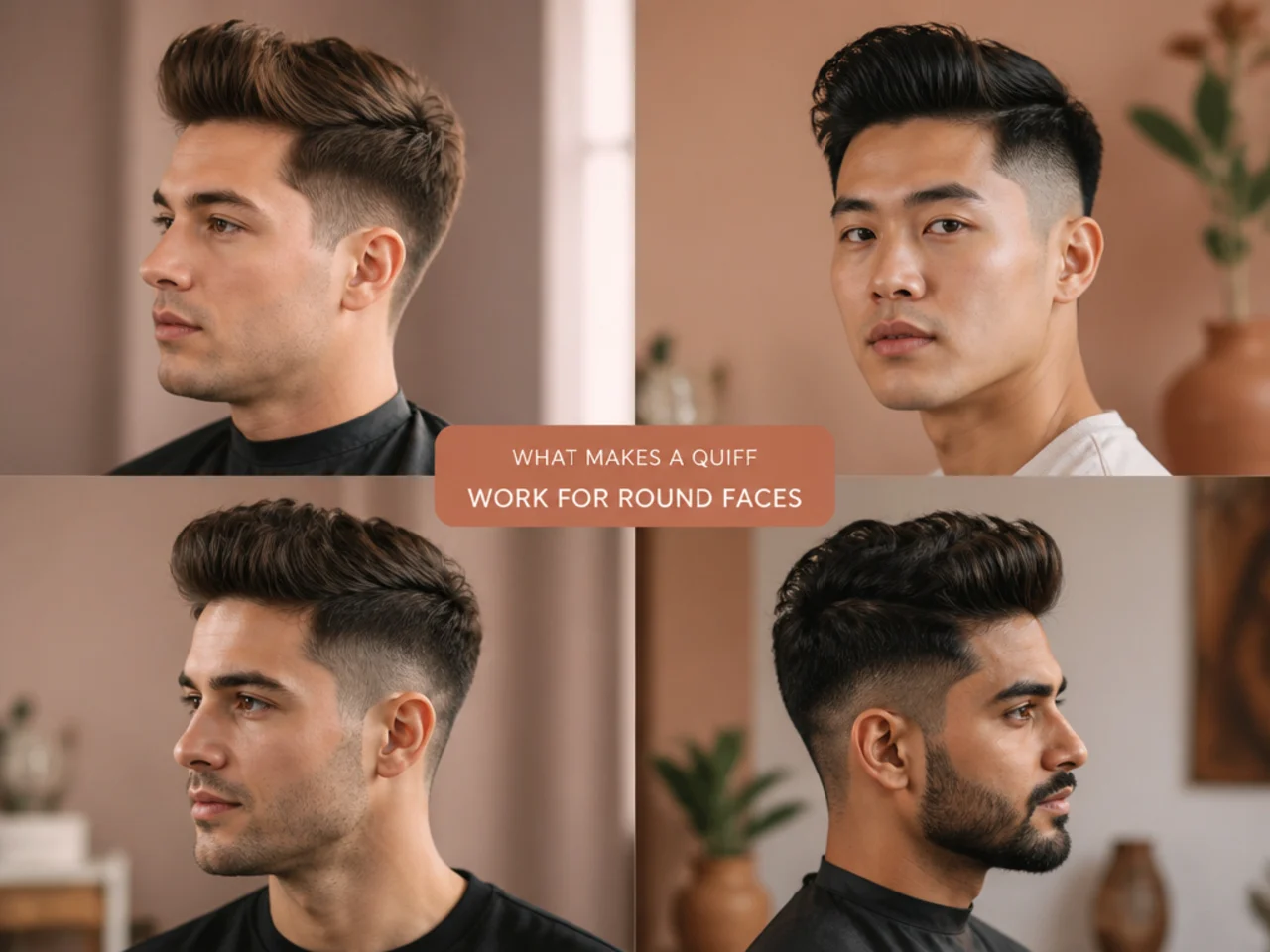 Modern quiff on a round-face model with mid fade sides and lifted front