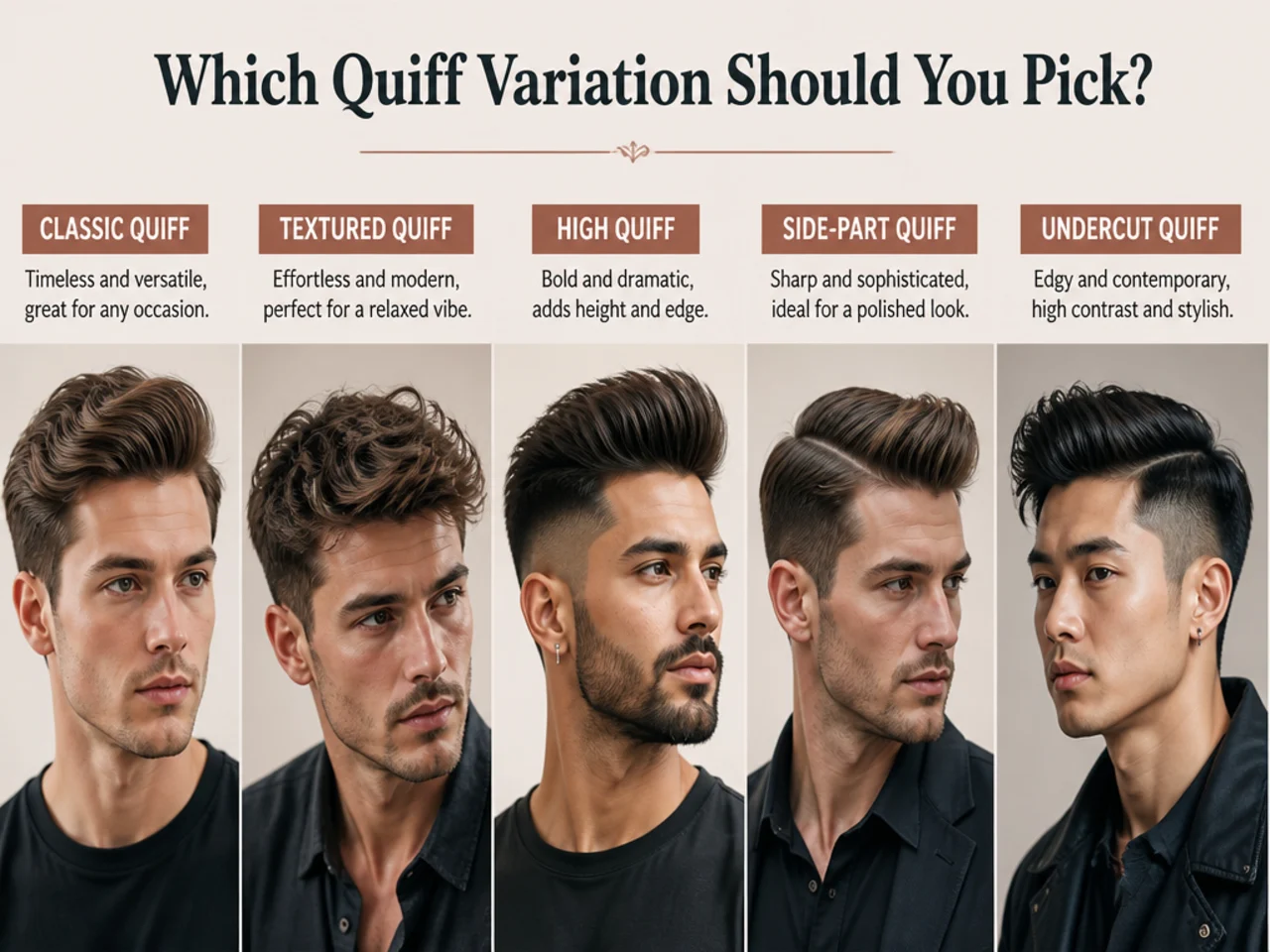 Four quiff variations side by side — modern, textured, side-swept, and classic — labeled for round-face suitability