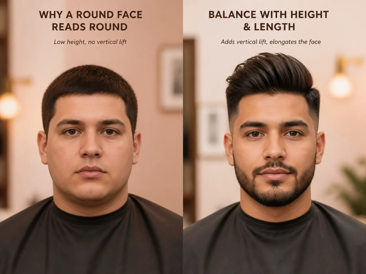 Round face shape diagram — soft jawline, full cheeks, similar face width and height