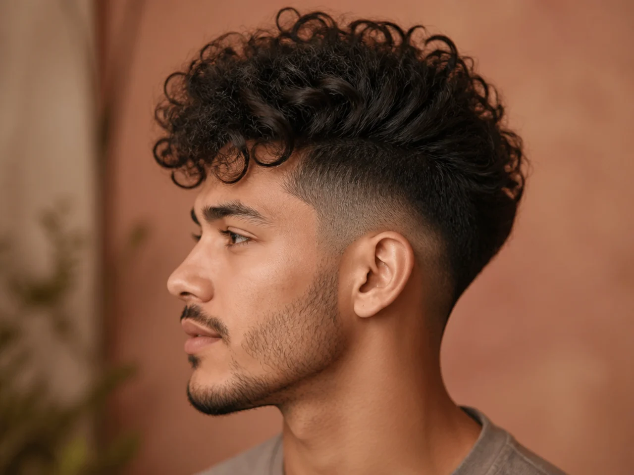 Curly quiff undercut with defined 3A curls lifted at the front over a half-guard hard-line disconnected undercut on curly brown hair