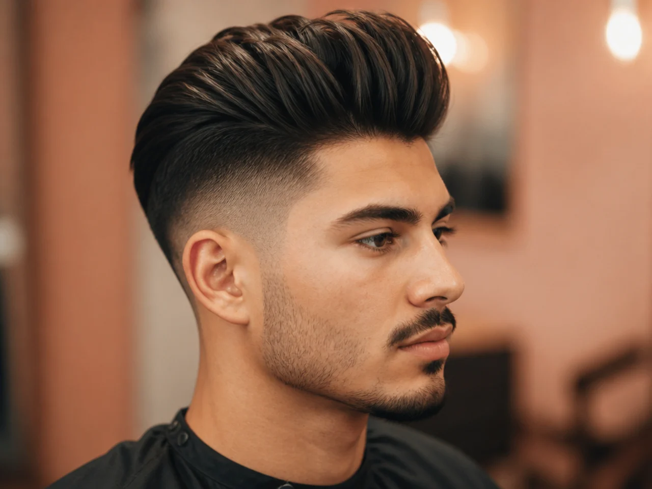Pompadour quiff undercut with dramatic vertical front volume over a zero-guard hard-line disconnected undercut on straight brown hair