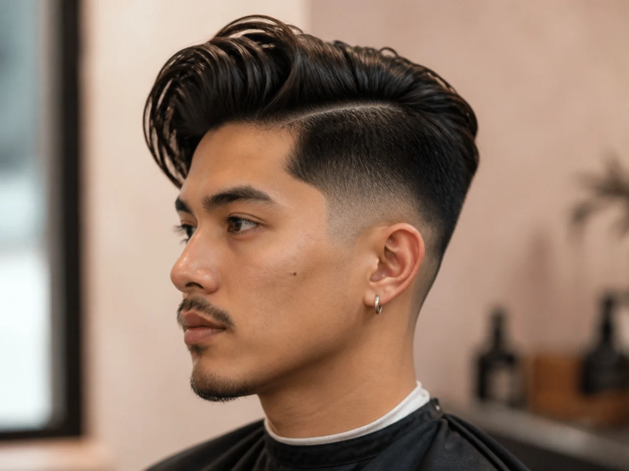 Side swept quiff undercut with the front swept diagonally off-center over a one-guard hard-line disconnected undercut on straight brown hair