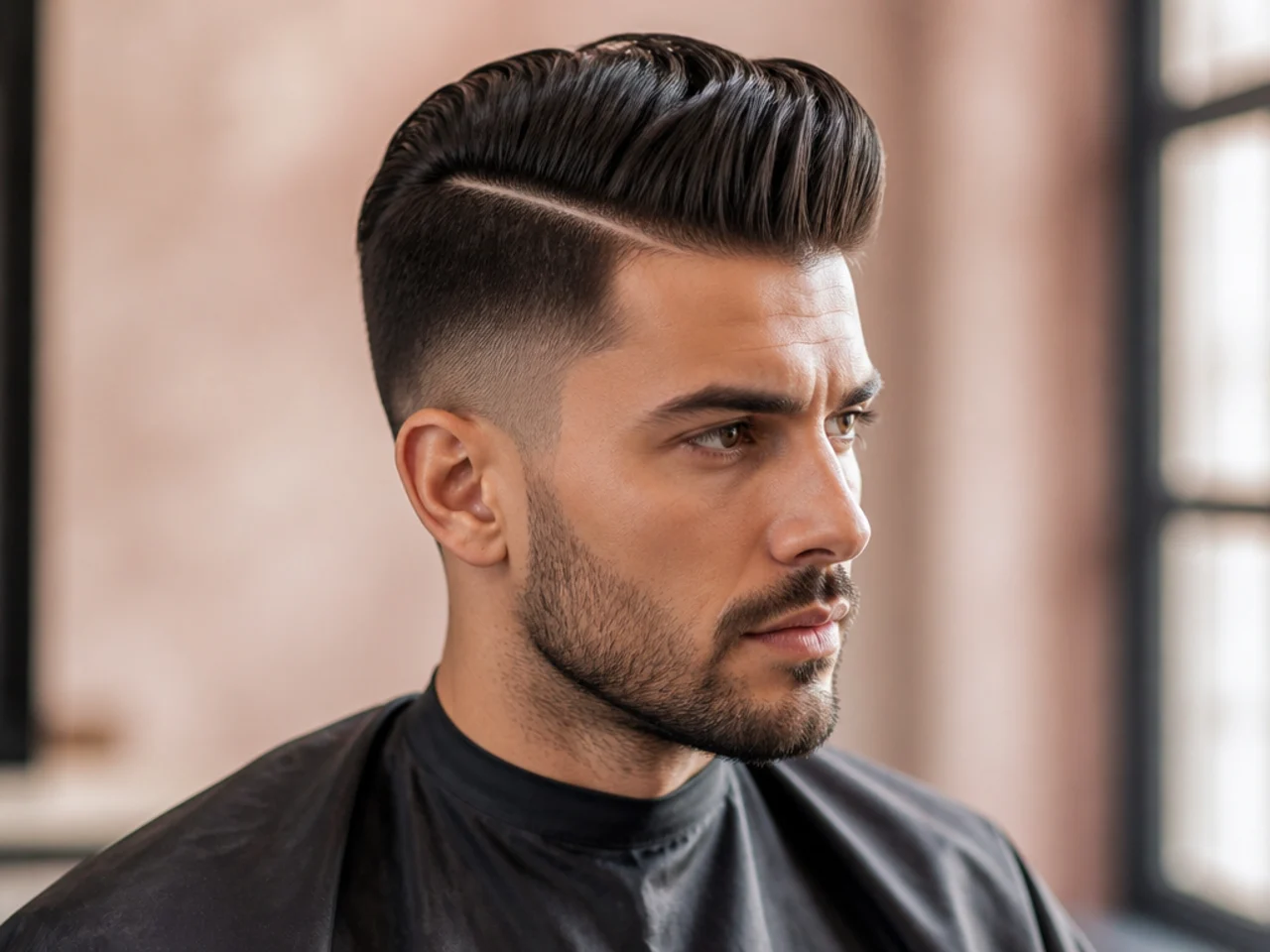 Hard part quiff undercut with a razor-cut part line above the temple and a swept back quiff over a one-guard hard-line disconnected undercut on straight brown hair