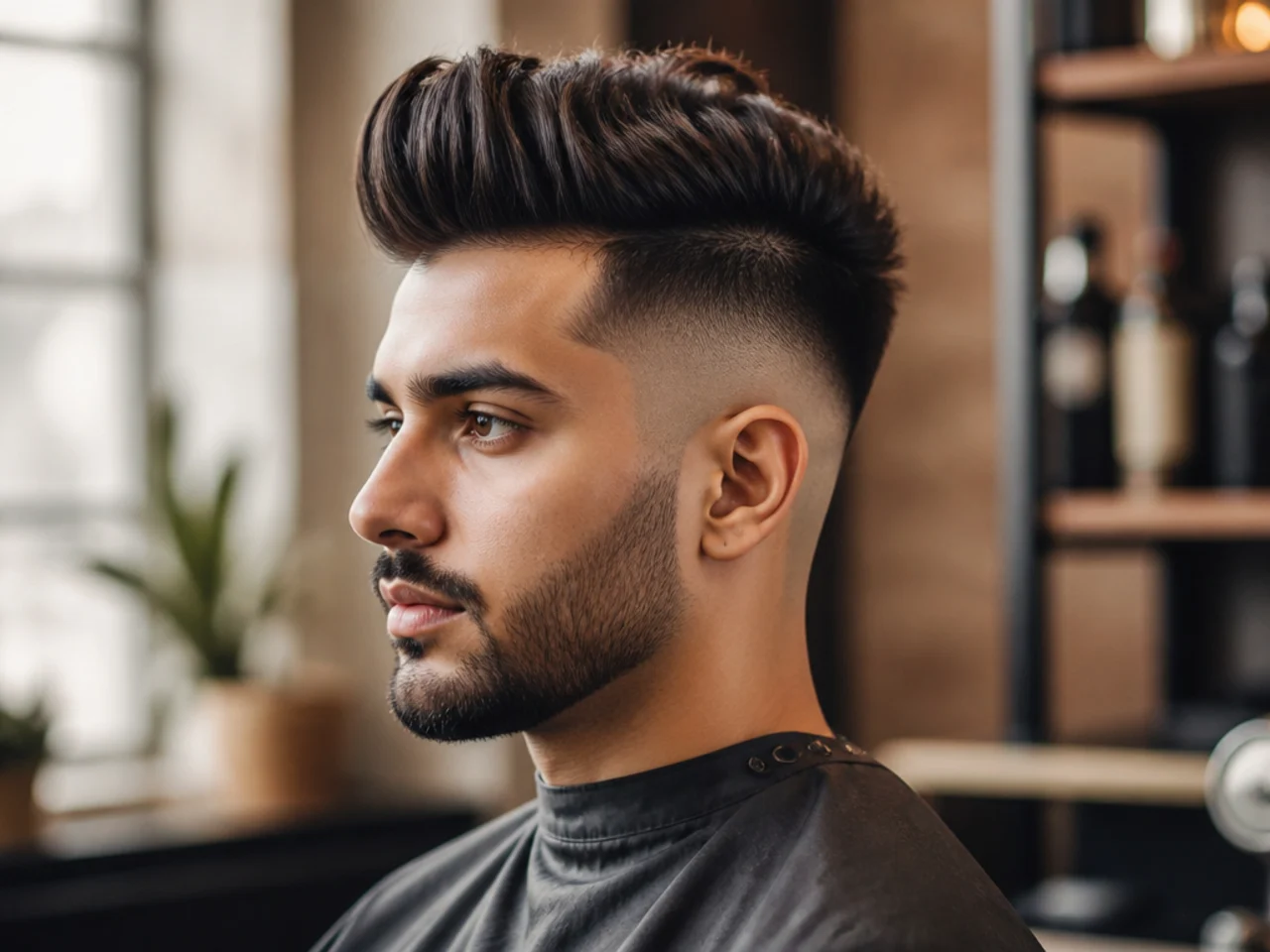 High undercut quiff with the disconnect line sitting near the crown and a lifted quiff on top on straight brown hair