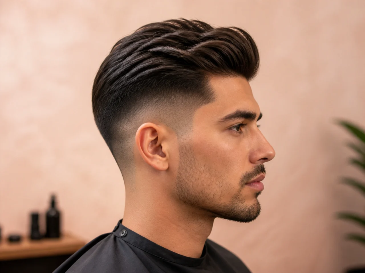 Low undercut quiff with the disconnect line sitting close to the ears and a swept back quiff hiding most of the buzz on straight brown hair