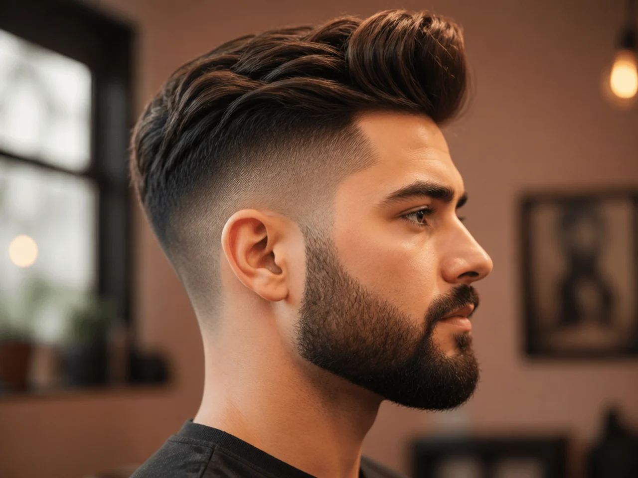 Quiff undercut paired with a full beard and hard-line one-guard disconnected sides on a bearded man with brown hair