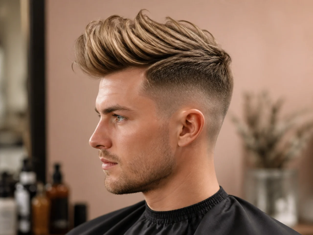 Bleached blonde quiff undercut with icy tone on top and hard-line disconnected sides on a young man
