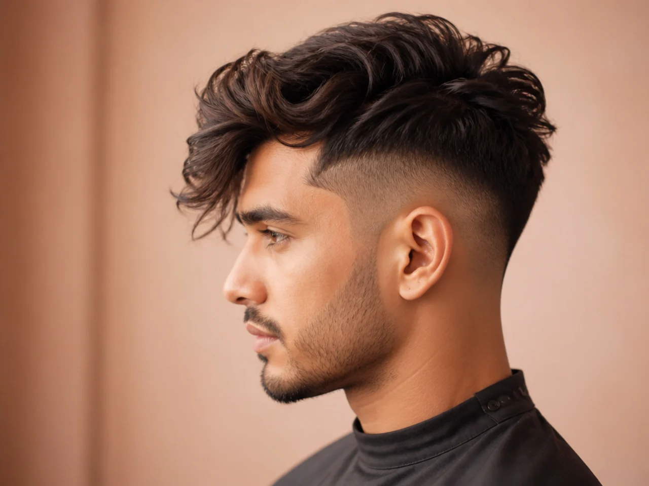 Asymmetric quiff undercut with an offset front sweep and heavier top on one side over a one-guard hard-line disconnected undercut on straight brown hair