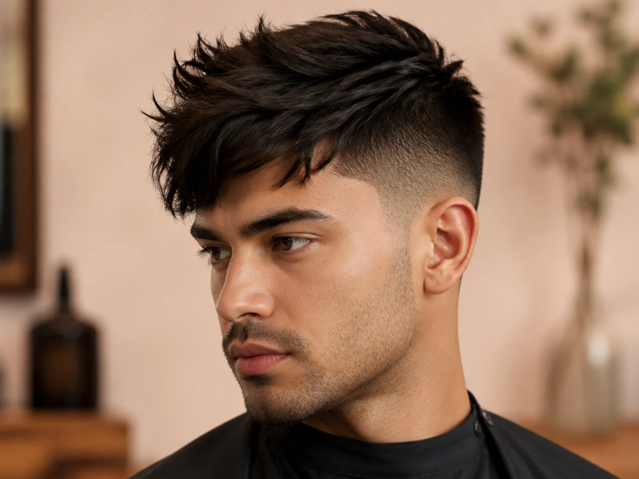 Fringe quiff undercut with front fringe alternately worn down or lifted into a quiff over a one-guard hard-line disconnected undercut on wavy brown hair