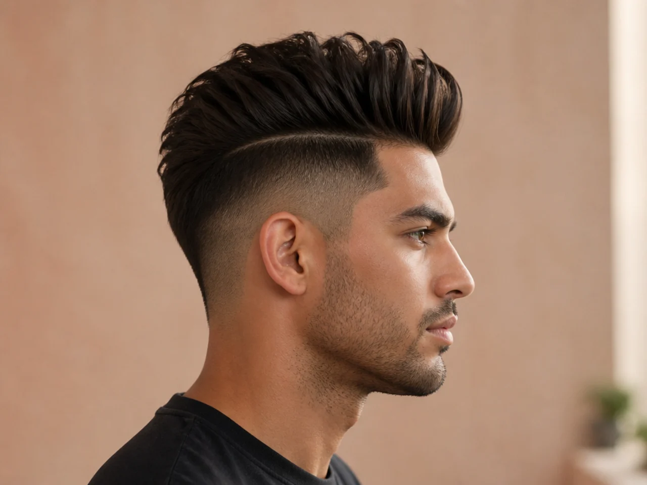 Skin undercut quiff with sides shaved to zero and a swept back quiff on top on straight brown hair
