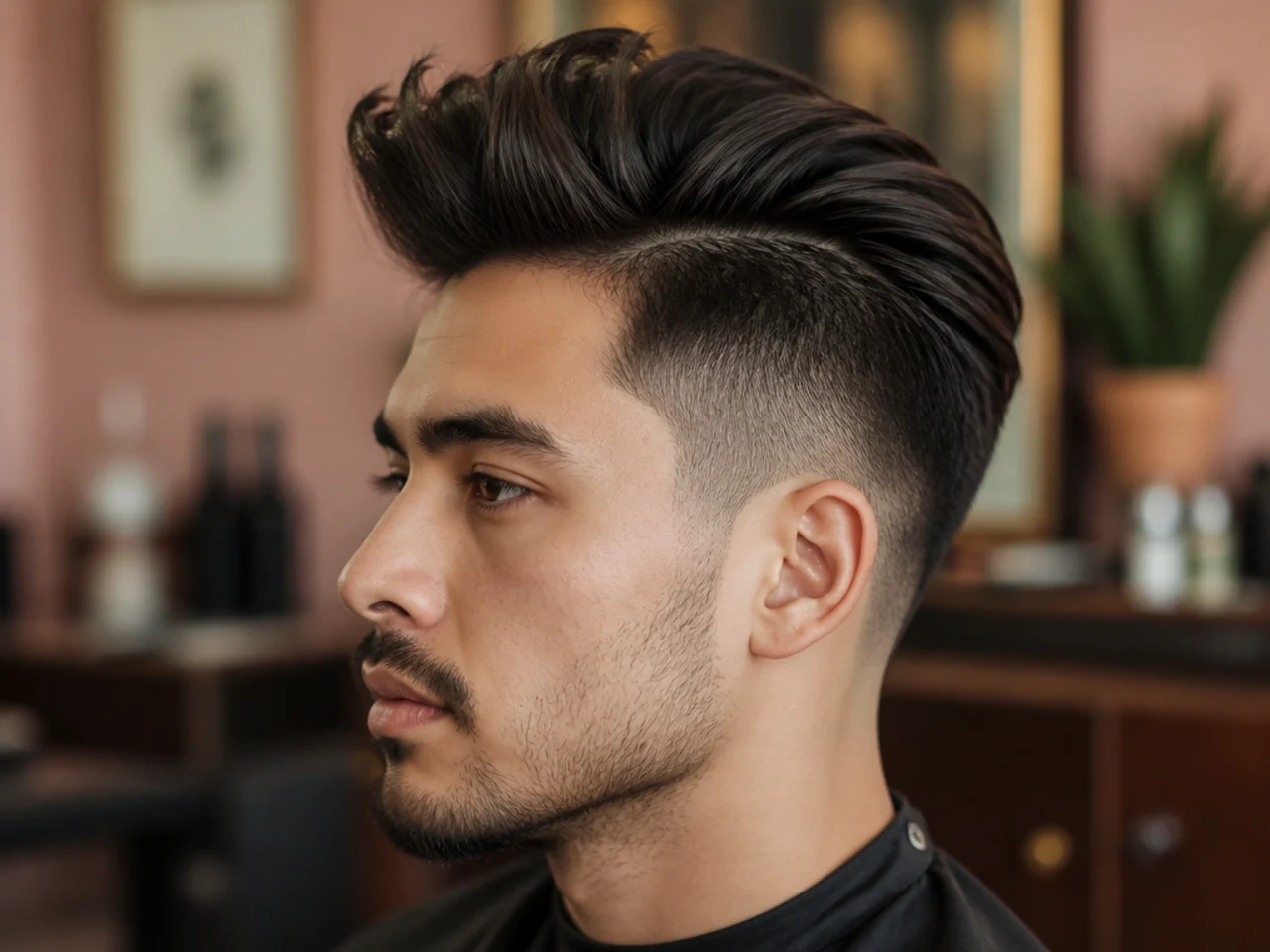 Grown-out quiff undercut with softened self-blending sides and 6 inches of top swept back over the transition line on wavy brown hair