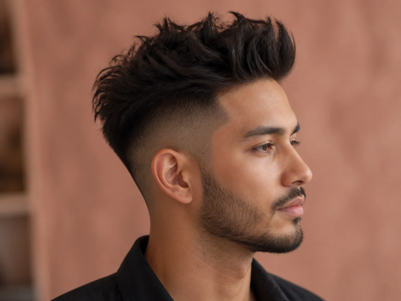 Textured quiff undercut with point-cut piecey top swept back over a hard-line disconnect on wavy brown hair
