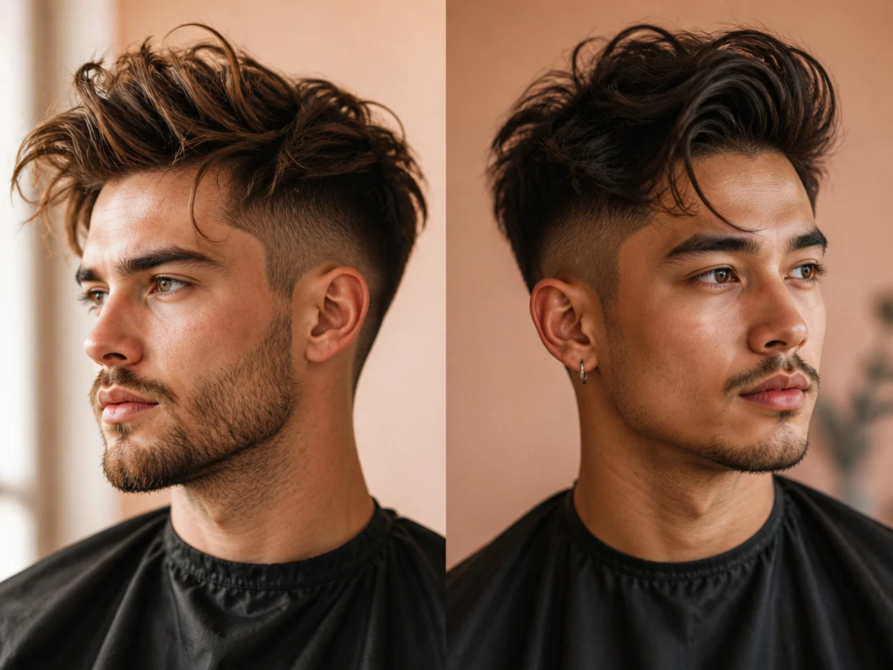 Messy quiff undercut with tousled front lift and hard-line one-guard disconnected sides on wavy brown hair