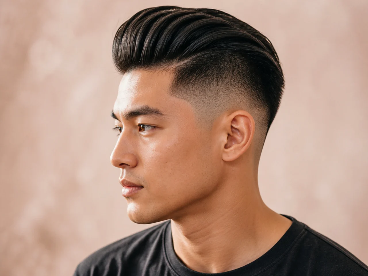 Slick back quiff undercut with polished top swept straight back exposing a hard-line zero-guard disconnected undercut on straight brown hair