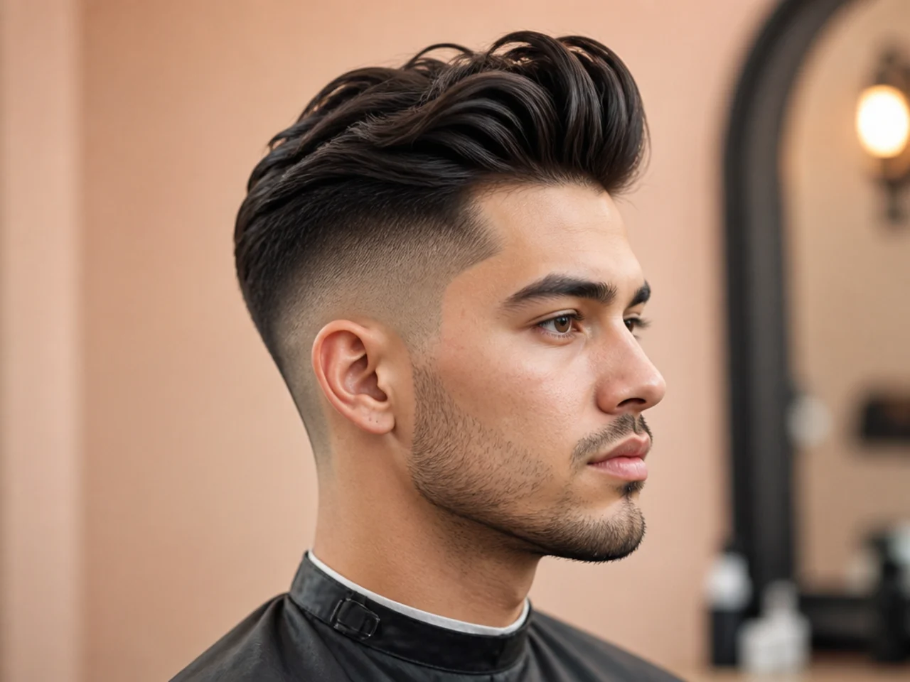 Modern quiff undercut with sharpened edges and a fashion-forward silhouette on straight brown hair